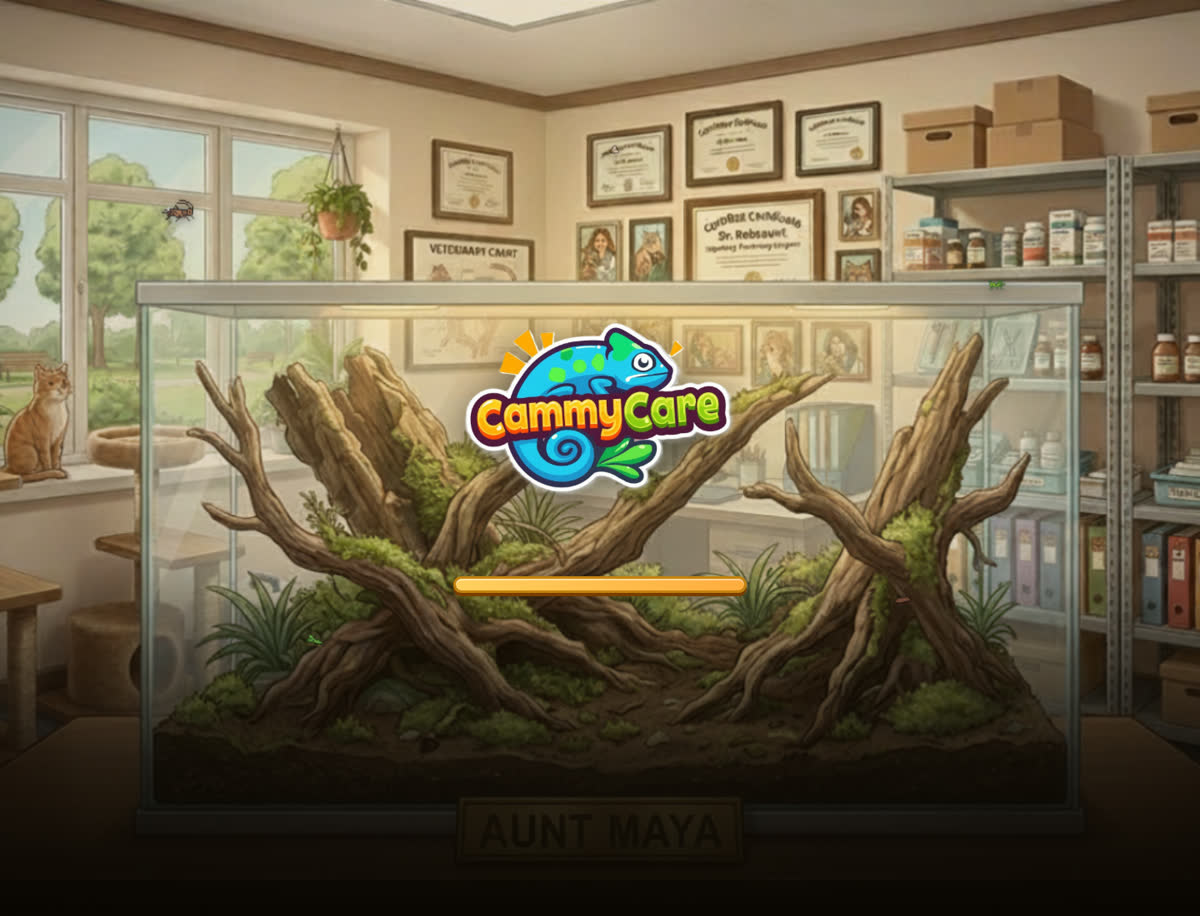 CammyCare loading screen showing its colorful chameleon logo inside a virtual veterinary habitat.