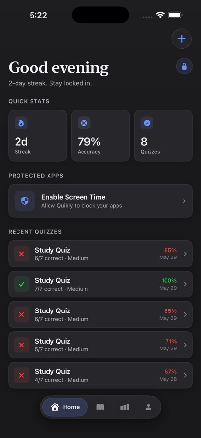 Quibly home screen showing a two-day streak, quiz accuracy, protected apps, and recent quiz results.
