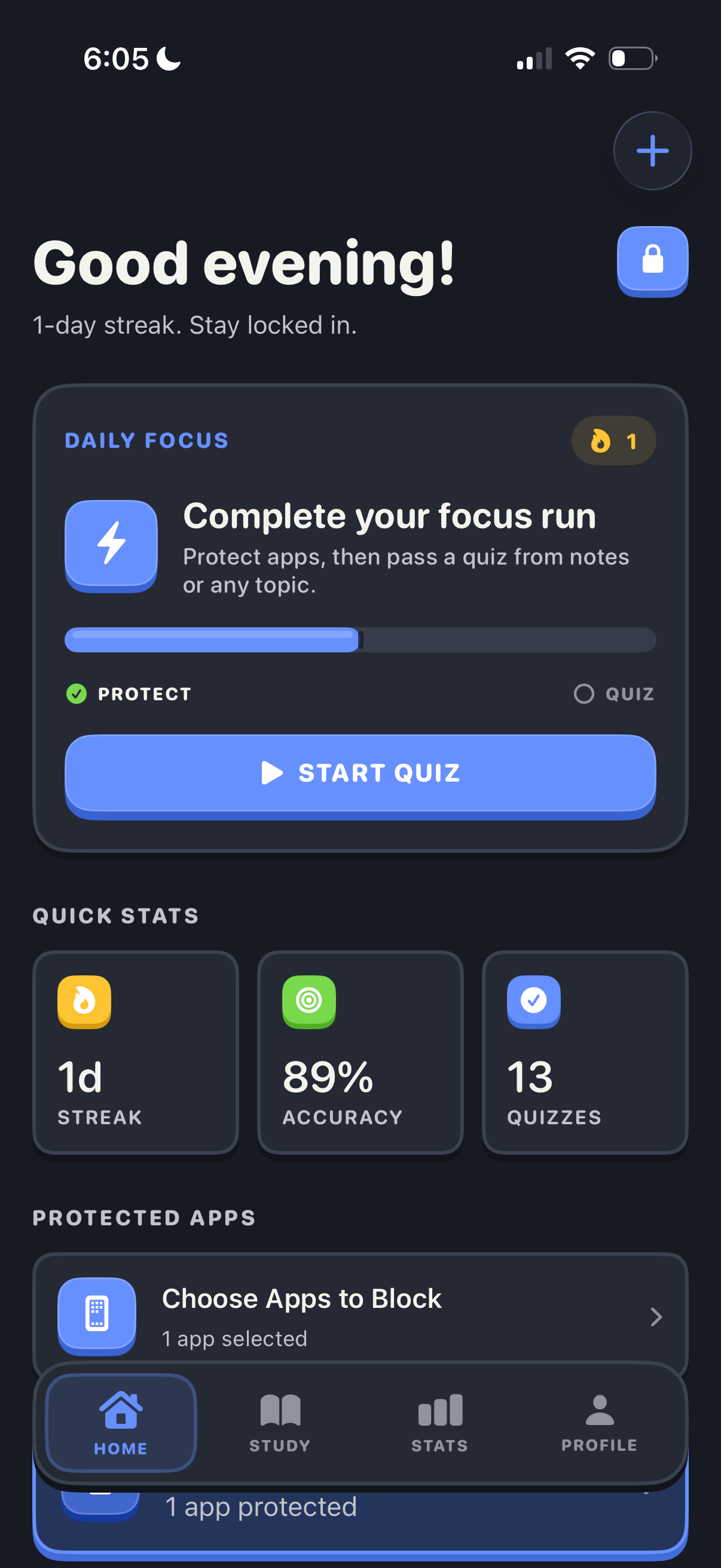 Quibly’s home screen showing a daily focus run, quiz stats, and protected apps.